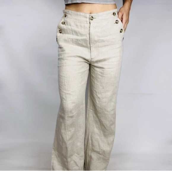 NWT Sundance Women’s Beige High Rise 100% Linen Wide Leg Pants Size 14 - Picture 1 of 12